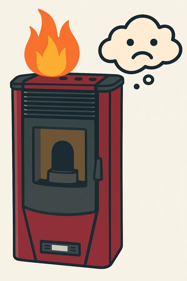 Illustration of an unhappy red Ecoteck Francesca pellet stove with a fire on top