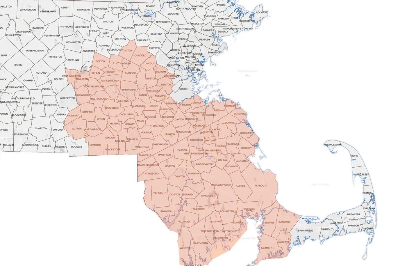 Map of Pellet-Stove-Service.com's service area across Southeastern Massachusetts