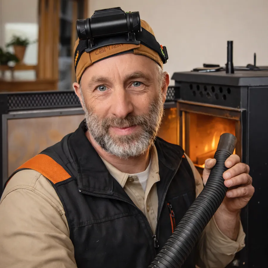Scott Williamson, owner and pellet stove technician, beside a stove he is servicing