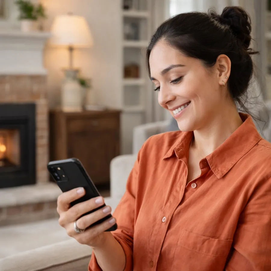 A customer texting to schedule pellet stove service from her living room